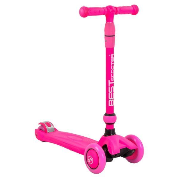 Самокат 3в1 трехколесный Best Scooter розовый с отцовской ручкой и амортизаторами колеса PU с подсветкой. BS-23180 фото