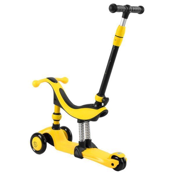 Самокат 3в1 триколісний Best Scooter жовтий з батьківською ручкою та амортизаторами колеса PU з підсвічуванням  BS-38804 фото
