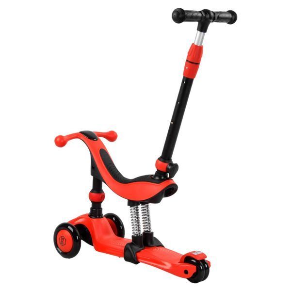Самокат 3в1 трехколесный Best Scooter красный с ручкой и амортизаторами колеса PU с подсветкой BS-71899 фото